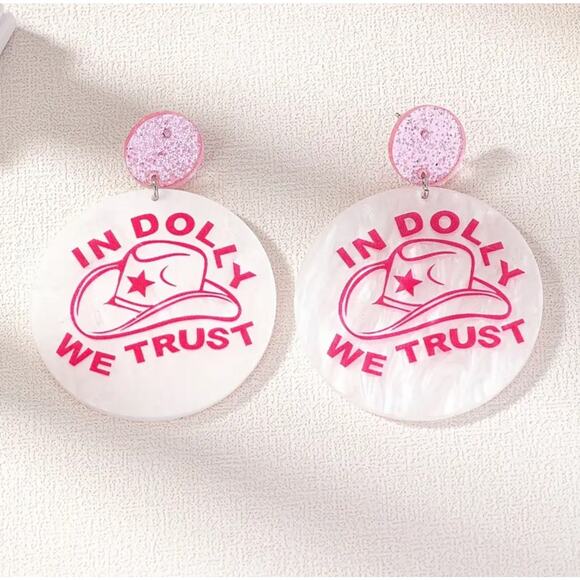 In Dolly We Trust Cowboy Hat Pink Glitter Earrings Dolly Parton Twinkle/Sparkle - Picture 2 of 2